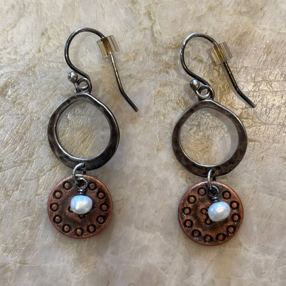 Silpada Sterling Silver, Copper, Freshwater Pearl earrings W1577 on french wires
